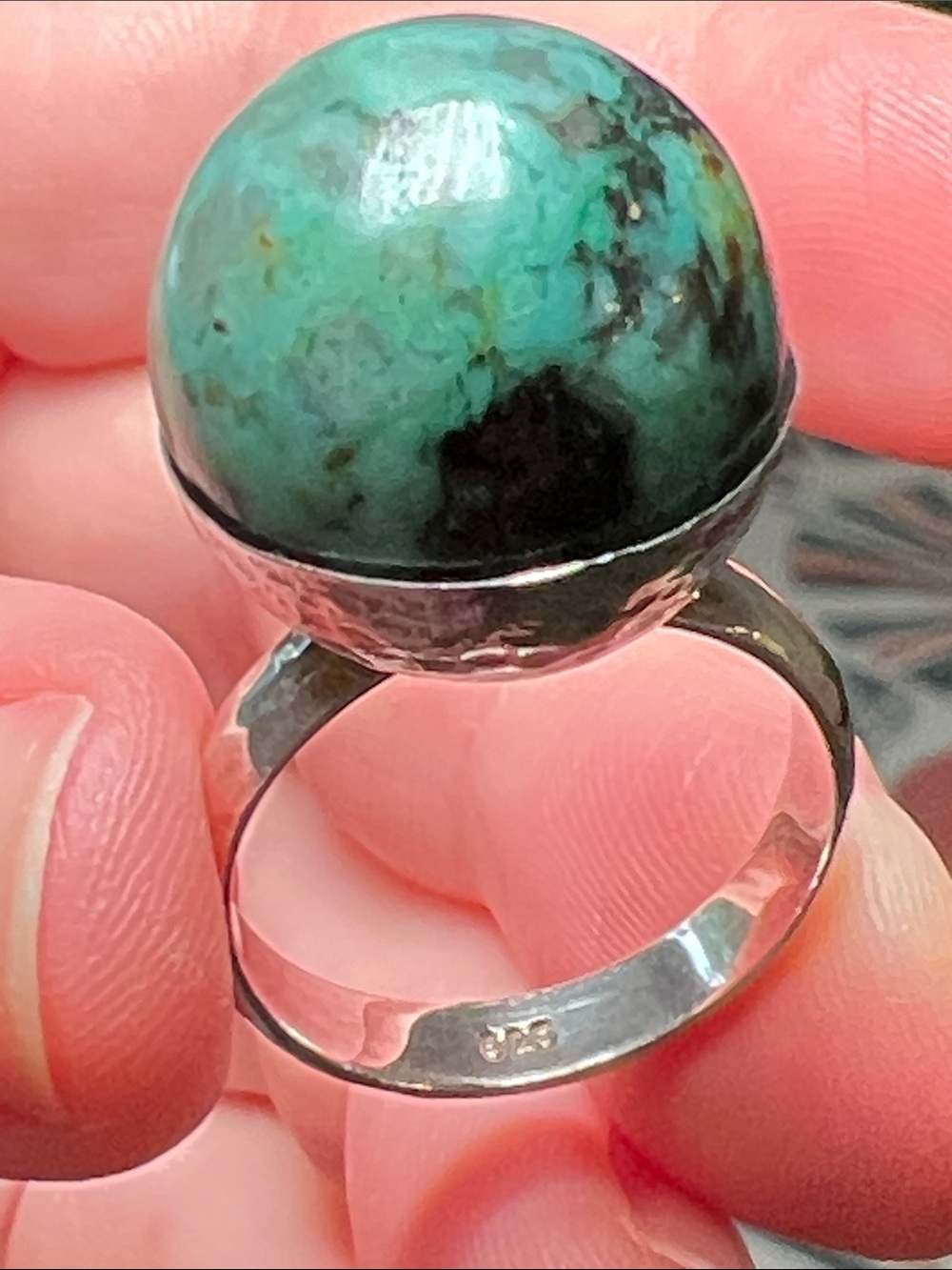 Vintage Modernist Orb Chrysocolla Gemstone Sphere Sterling Silver Ball Ring - Picture 8 of 12